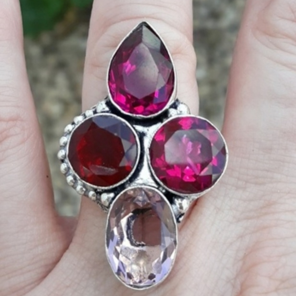 New Garnet and Pink Quartz 925 Silver Ring.